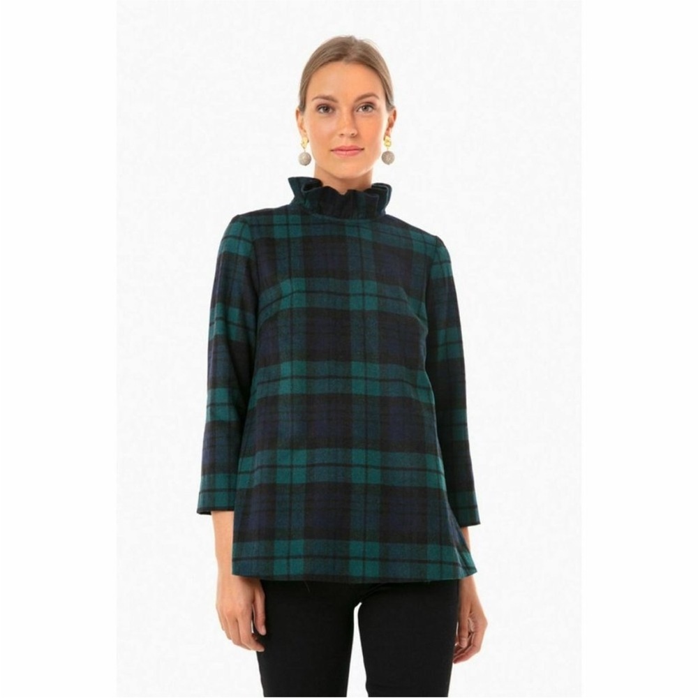 Tuckernuck Blackwatch Plaid Faye Blouse XS Bow Ruffle Collar Holiday Old Money
